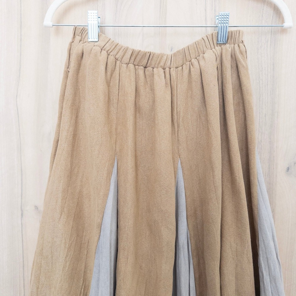 Womens Boho Midi Skirt M/L Tan Gray Lace Trim Elastic Waist Cottage Lagenlook - Picture 3 of 8